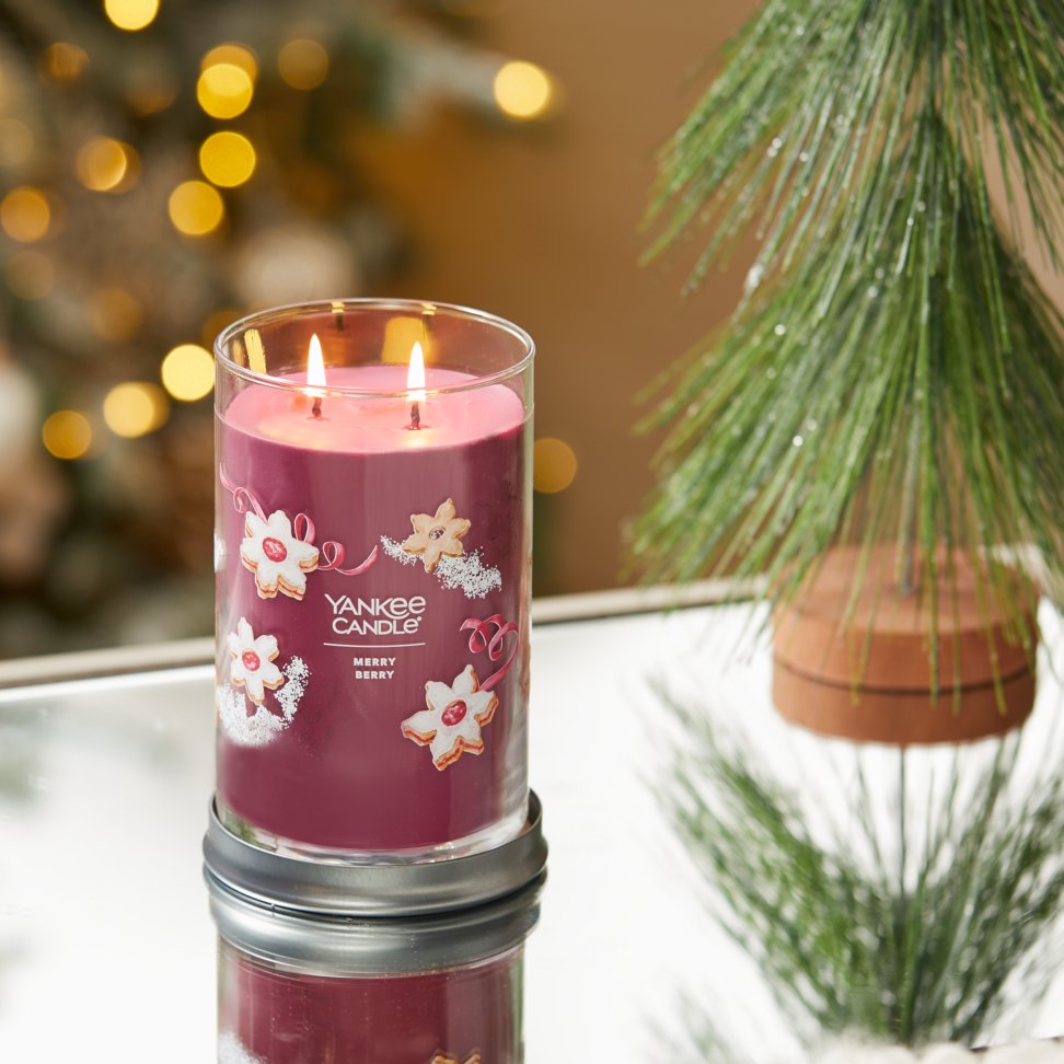 merry berry signature large tumbler candle on table