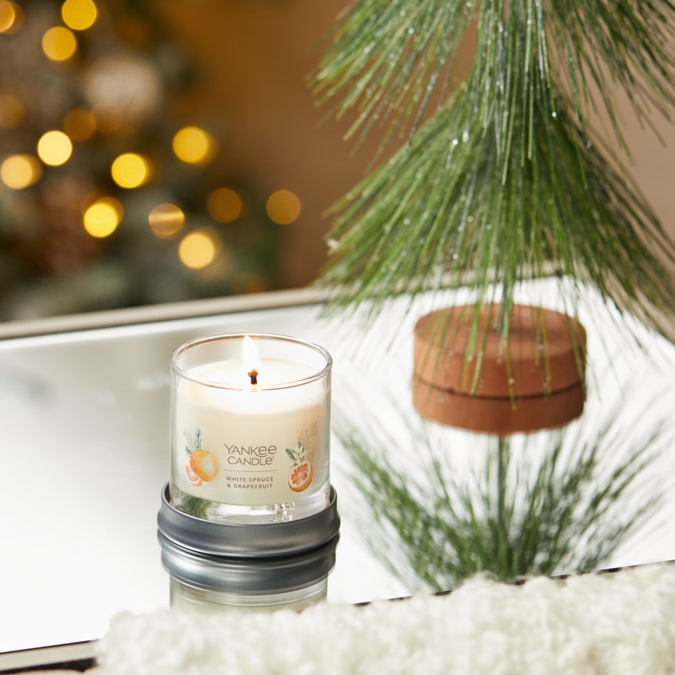 white spruce and grapefruit signature small tumbler candle on table
