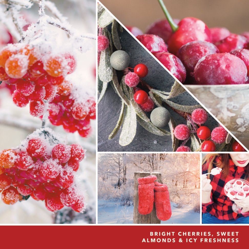 photo collage and text reading bright cherries, sweet almonds and icy freshness