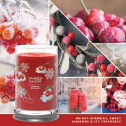 cherries on snow signature large tumbler candle with photo collage and text reading bright cherries, sweet almonds and icy freshness image number 3