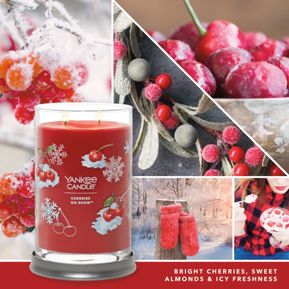 cherries on snow signature large tumbler candle with photo collage and text reading bright cherries, sweet almonds and icy freshness