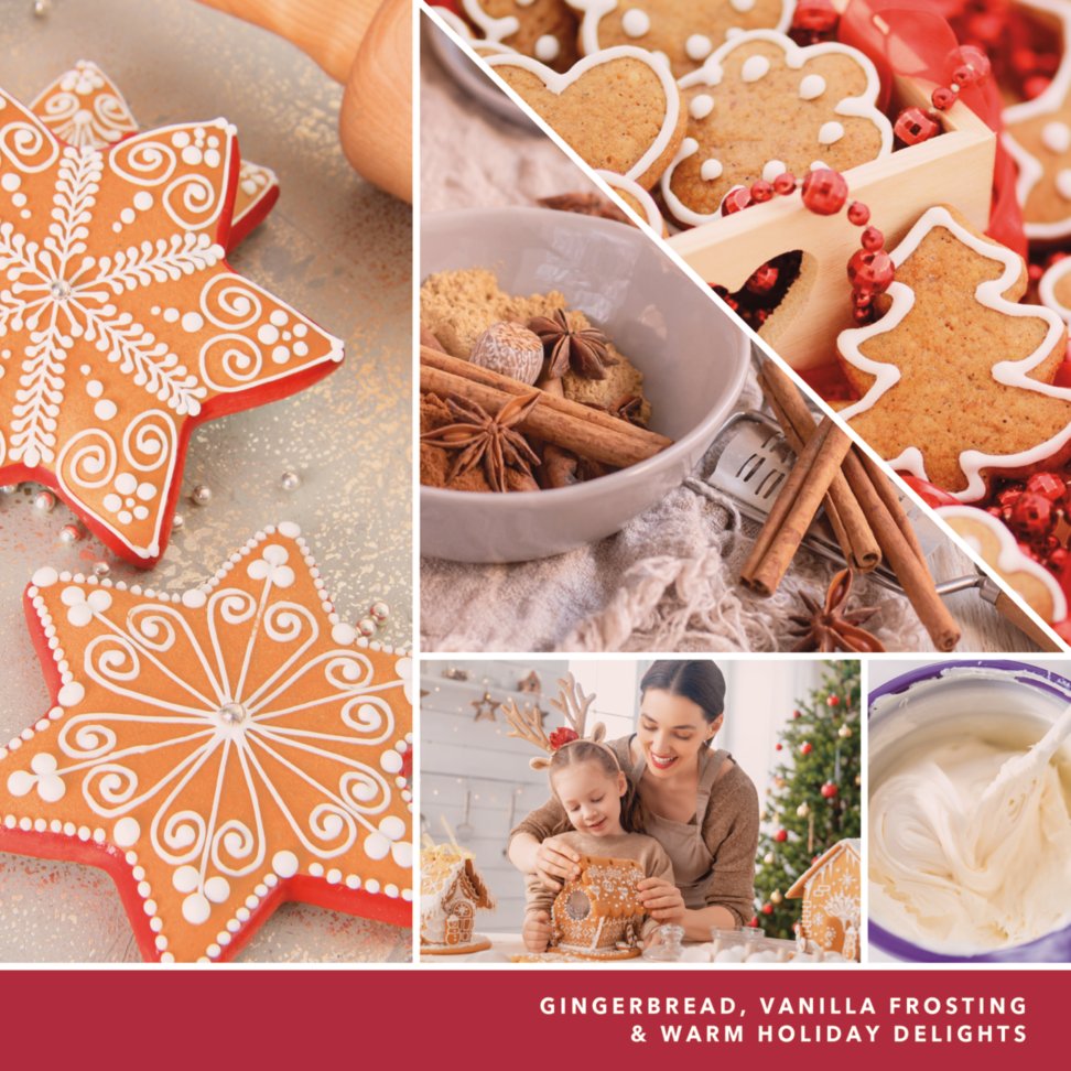 photo collage and text reading gingerbread, vanilla frosting and warm holiday delights
