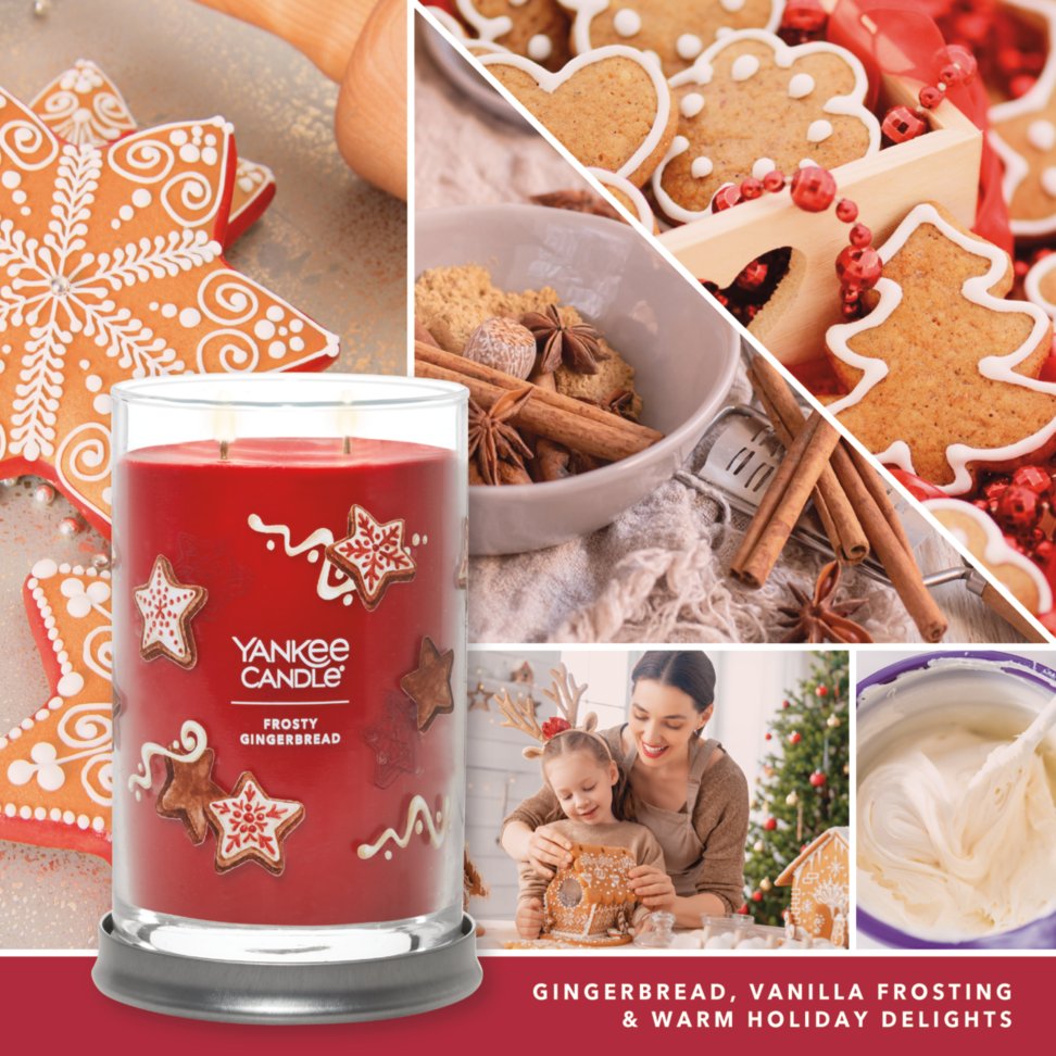 frosty gingerbread signature large tumbler candle with photo collage and text reading gingerbread, vanilla frosting and warm holiday delights