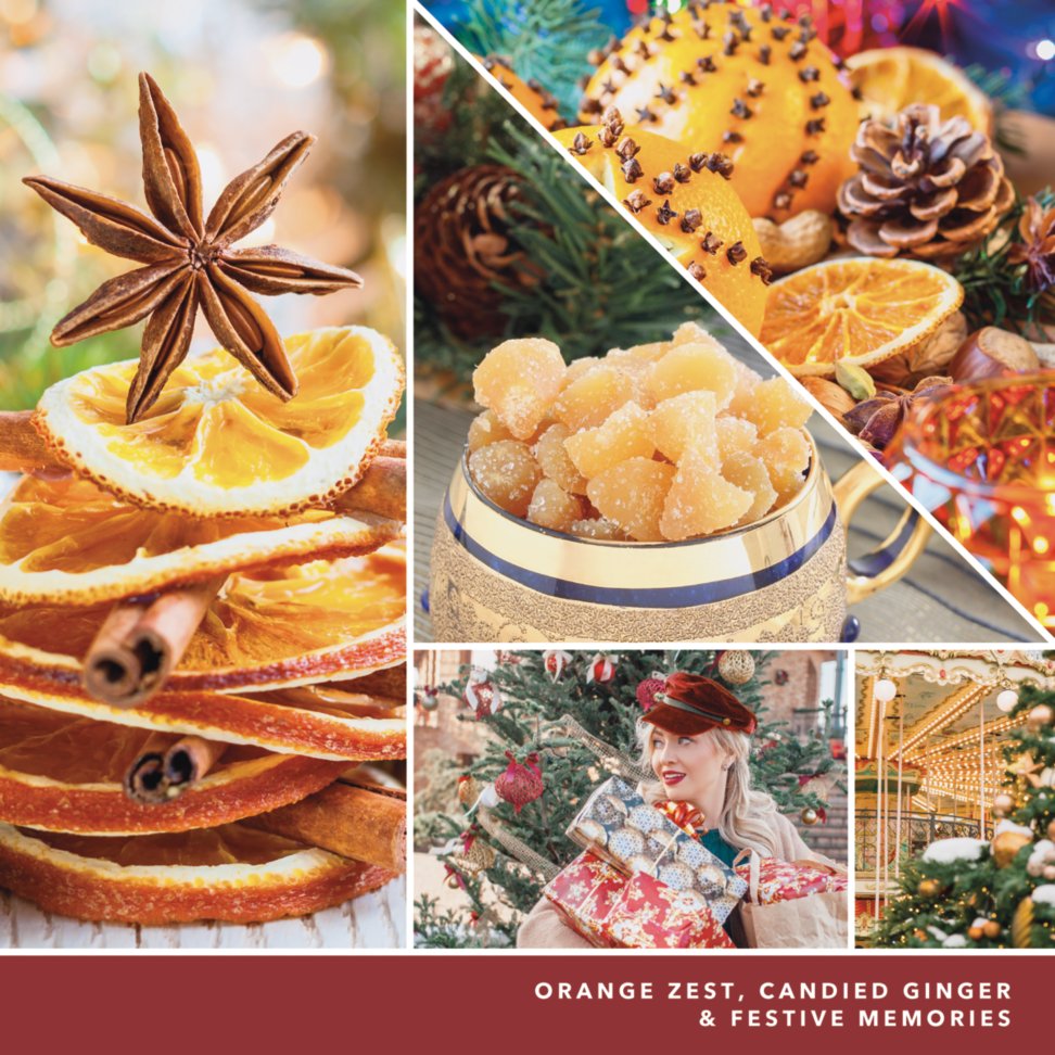 photo collage and text reading orange zest, candied ginger and festive memories