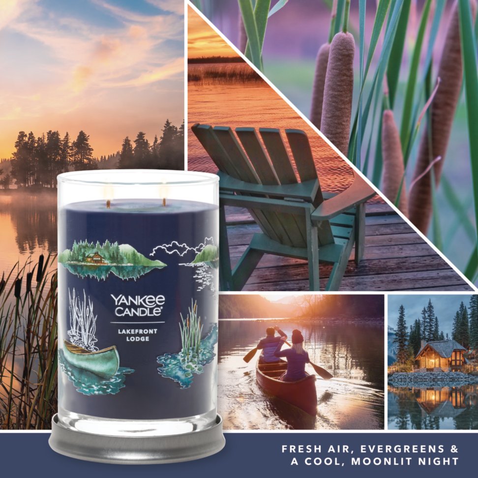 lakefront lodge signature large tumbler candle with photo collage and text reading fresh air, evergreens and a cool, moonlit night