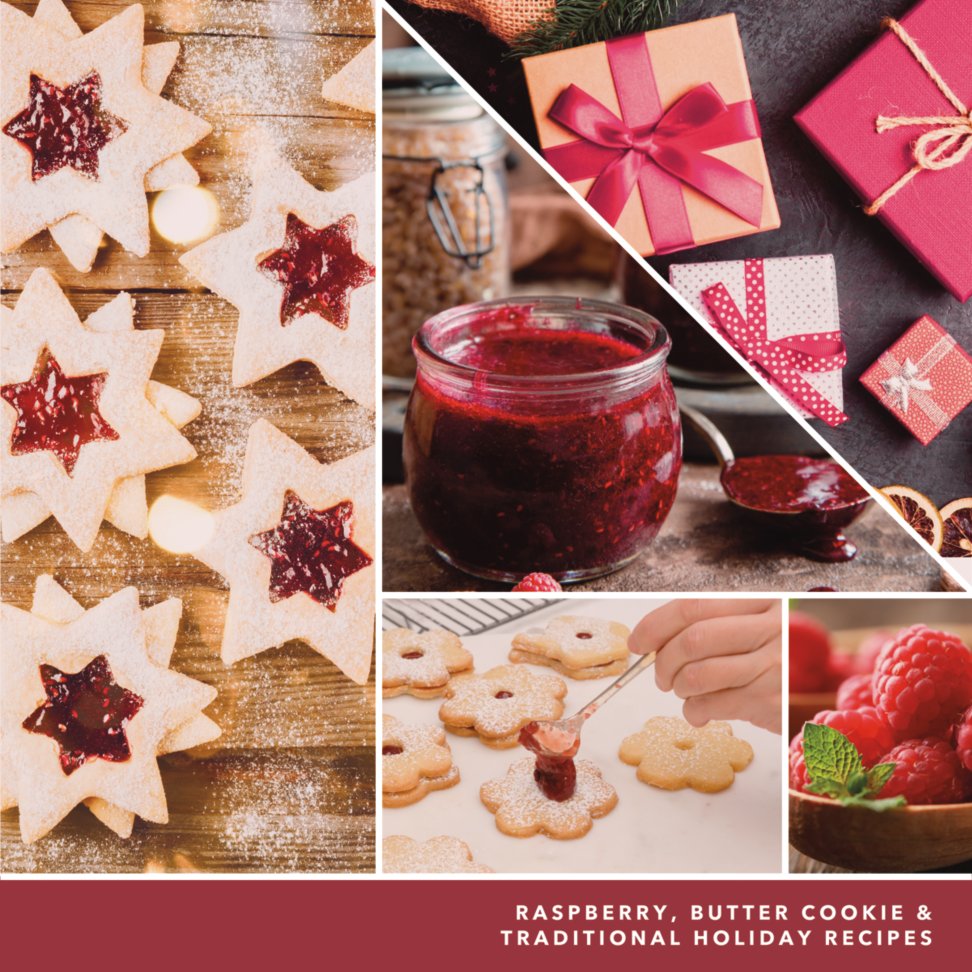 photo collage and text reading raspberry, butter cookie and traditional holiday recipes