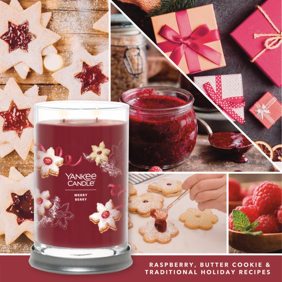merry berry signature large tumbler candle with photo collage and text reading raspberry, butter cookie and traditional holiday recipes