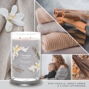 smoked vanilla and cashmere signature large tumbler candle with photo collage and text reading rich vanilla, smoky amber and a cozy afternoon image number 3