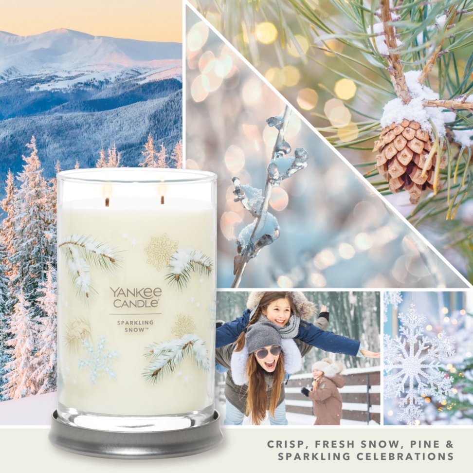 sparkling snow signature large tumbler candle with photo collage and text reading crisp, fresh snow, pine and sparkling celebrations