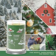 tree farm festival signature large tumbler candle with photo collage and text reading pine needle, sandalwood and the perfect tree image number 3