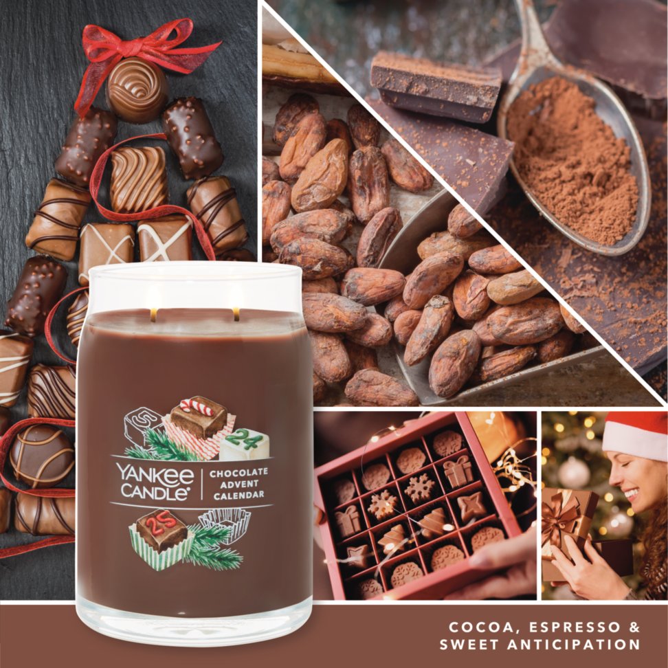 chocolate advent calendar signature large jar candle with photo collage and text reading cocoa, espresso and sweet anticipation