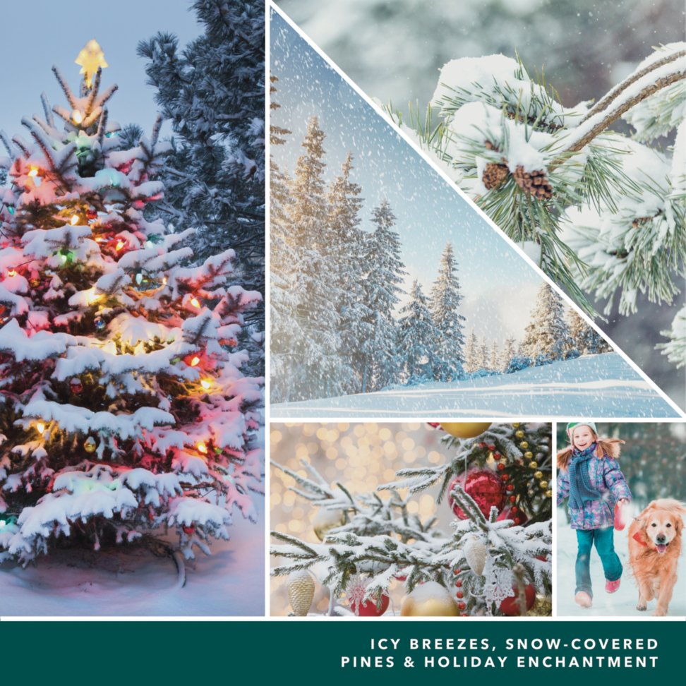 photo collage and text reading icy breezes, snow-covered pines and holiday enchantment