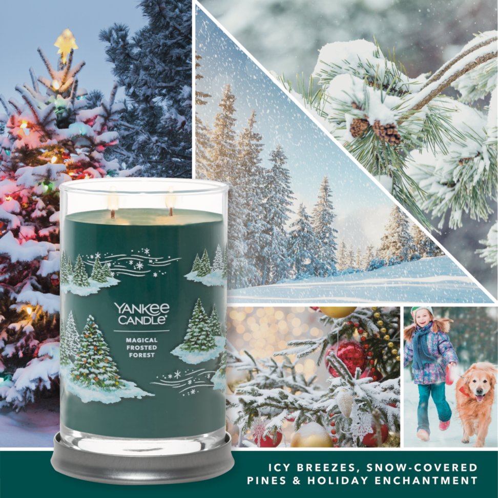 magical frosted forest signature large tumbler candle with photo collage and text reading icy breezes, snow-covered pines and holiday enchantment