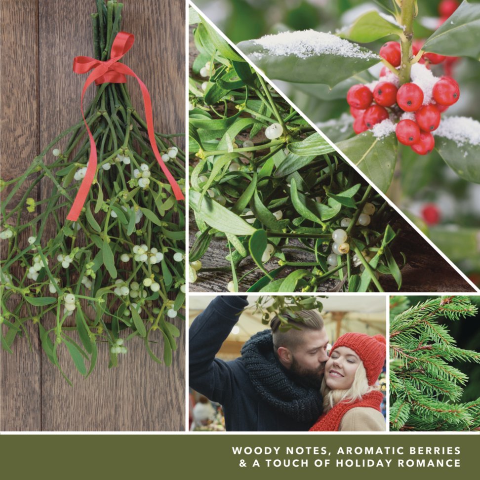 photo collage and text reading woody notes, aromatic berries and a touch of holiday romance