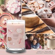 movie night cocoa signature large tumbler candle with photo collage and text reading vanilla, praline and holiday traditions image number 2