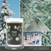 silver sage and pine signature large tumbler candle with photo collage and text reading cool pine, cedarwood and chilly winter days image number 2