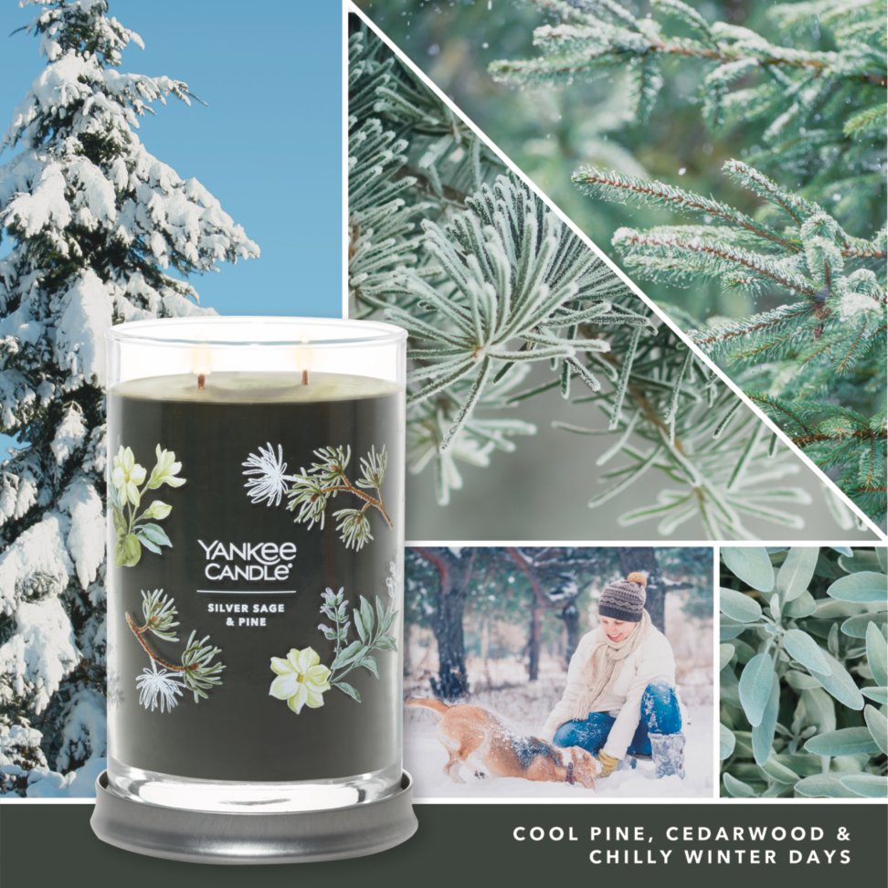 silver sage and pine signature large tumbler candle with photo collage and text reading cool pine, cedarwood and chilly winter days
