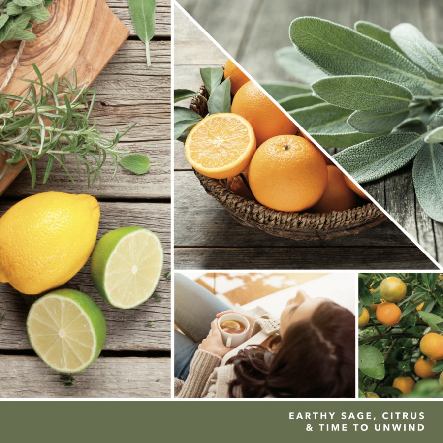 photo collage with text that reads earthly sage citrus and time to unwind