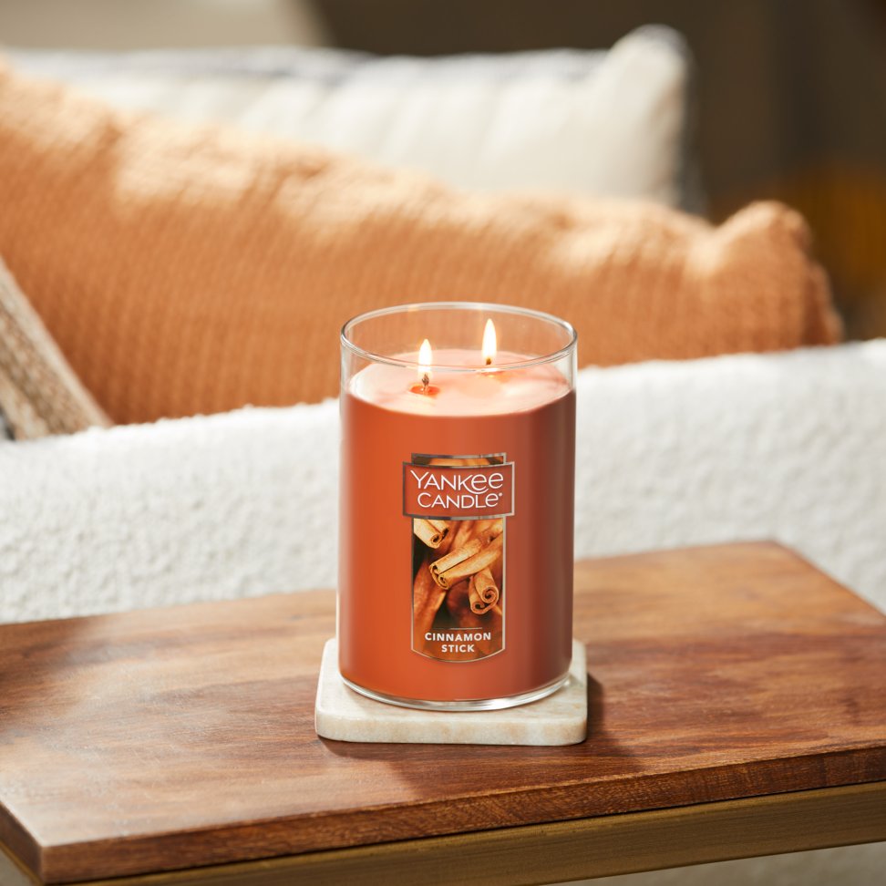 cinnamon stick large two wick tumbler candle on table