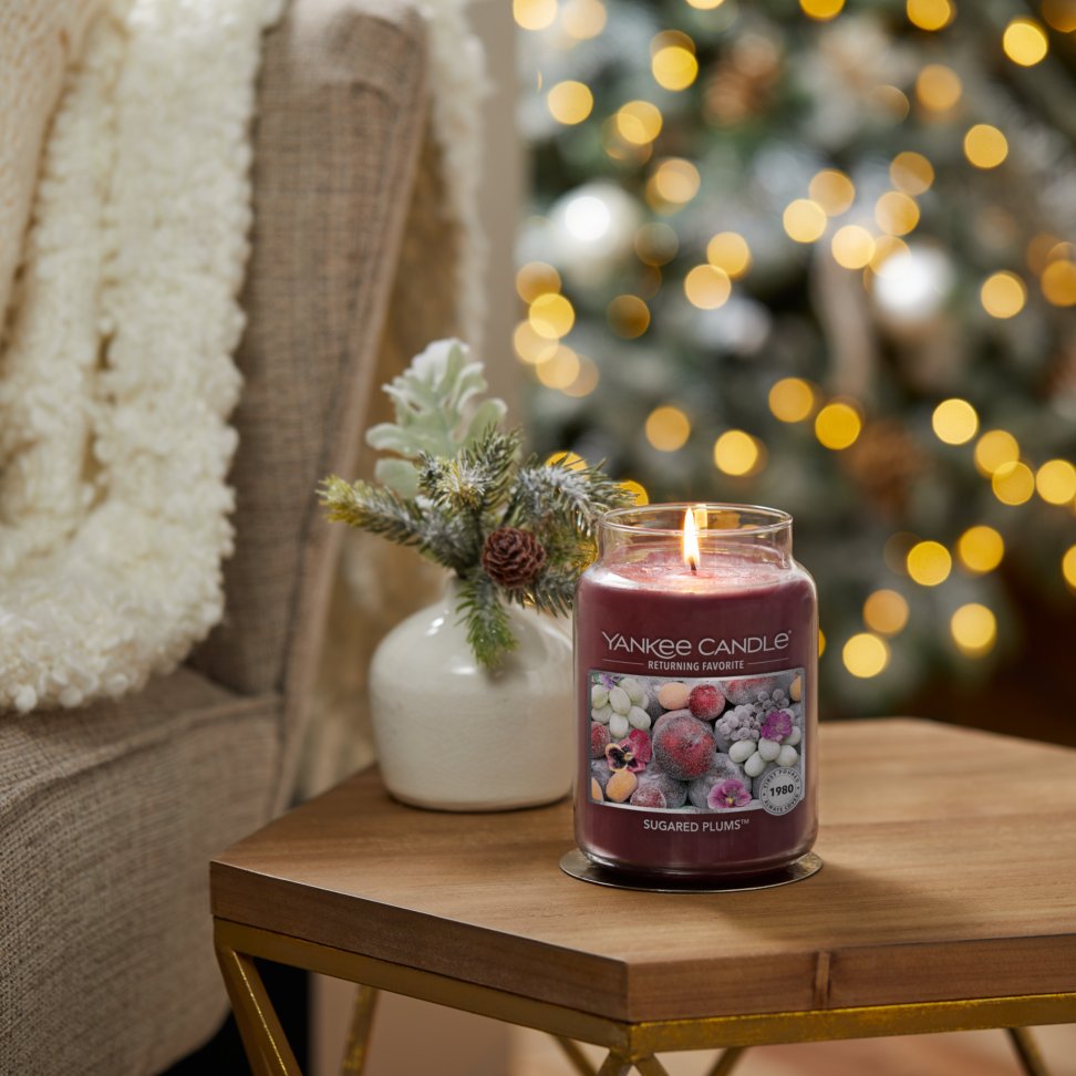 sugared plums original large jar candle on table