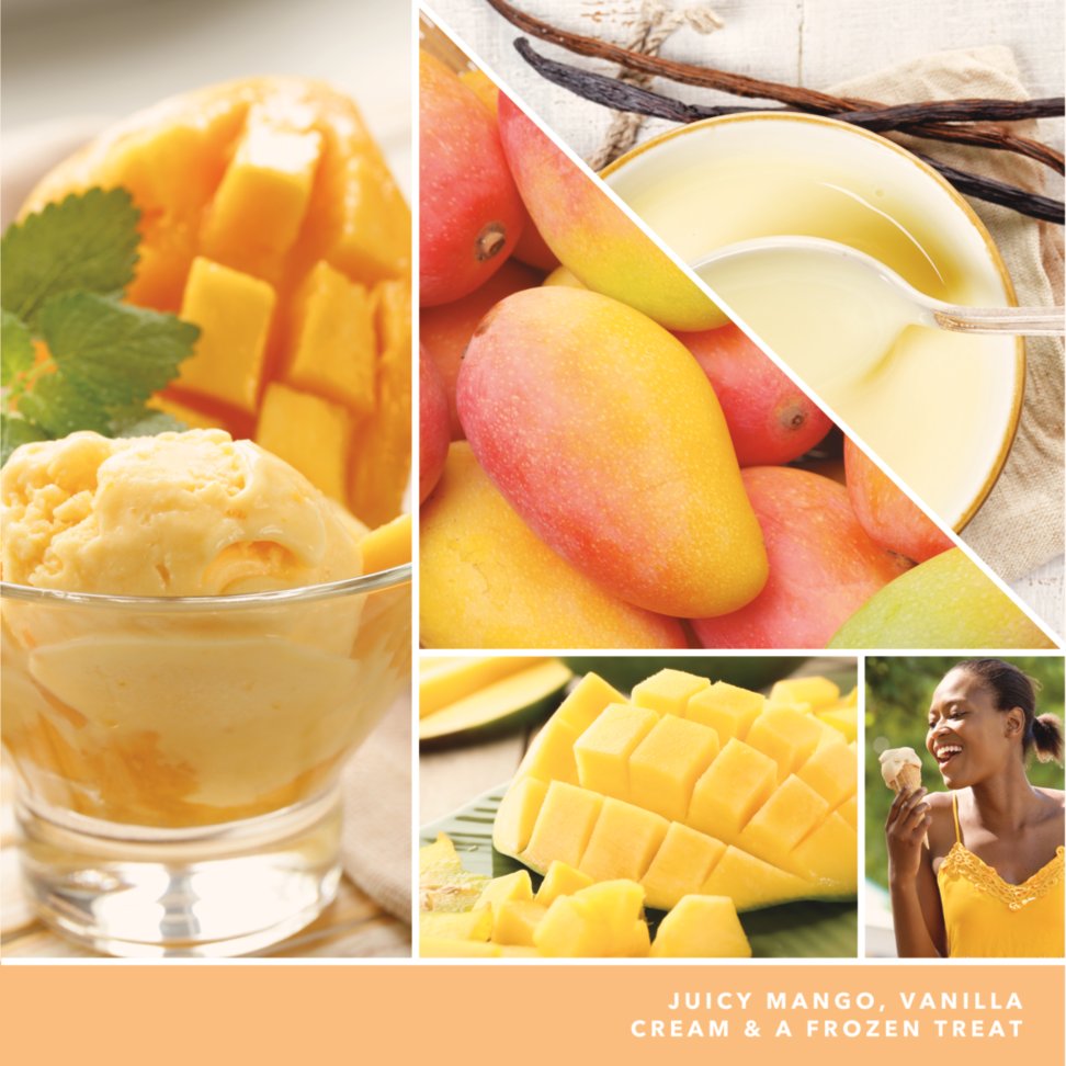 photo collage and text reading juicy mango, vanilla cream, and a frozen treat