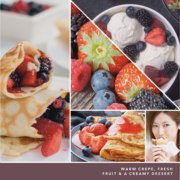 photo collage with text reading warm crepe, fresh fruit and a creamy dessert image number 7