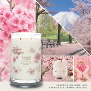 sakura blossom festival signature large tumbler candle with photo collage and text reading cherry blossoms, red berries and a spring festival image number 3