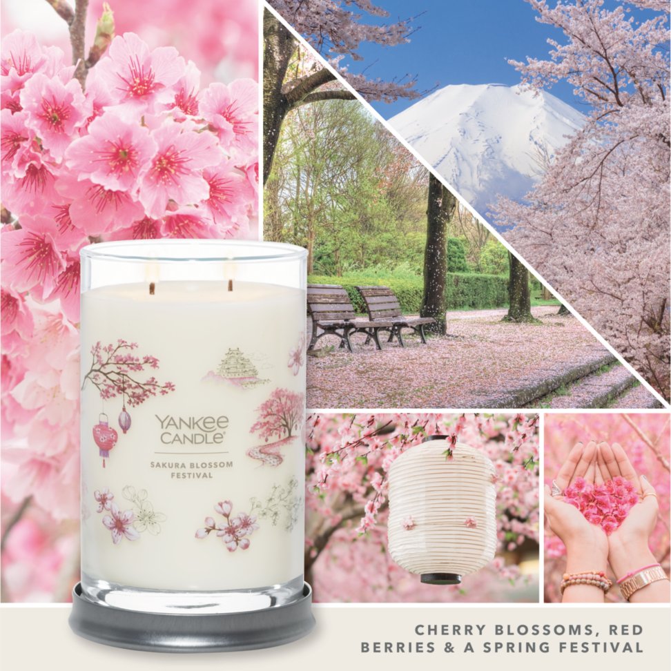 sakura blossom festival signature large tumbler candle with photo collage and text reading cherry blossoms, red berries and a spring festival