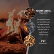 photo collage illustrating woodwick autumn embers trilogy fragrances of smoked walnut and maple, evening bonfire, and wood smoke image number 2