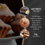 photo collage illustrating woodwick cafe sweets trilogy fragrances of vanilla bean, caramel, and biscotti image number 3