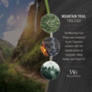 photo collage representing woodwick mountain trail trilogy with text that reads, the mountain trail trilogy was composed by our fragrance curators with the layered scents of evergreen, wood smoke, and fraser fir image number 2