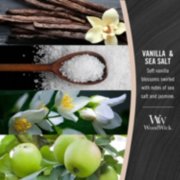 photo collage illustrating woodwick vanilla and sea salt fragrances of vanilla blossoms, sea salt, and jasmine image number 3
