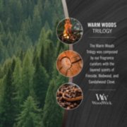 photo collage illustrating woodwick warm woods trilogy fragrances of fireside, redwood, and sandalwood clove image number 3