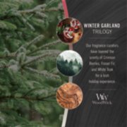 photo collage illustrating woodwick winter garland trilogy fragrances of crimson berries, frasier fir, and white teak image number 3