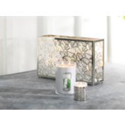 silver birch large 2 wick tumbler candle and votive holder and frosted leaves multi screen tea light candle holder on table image number 0