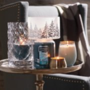icy blue spruce large jar with jar candle shade and regular tumbler on jar holder and novelty candles image number 1