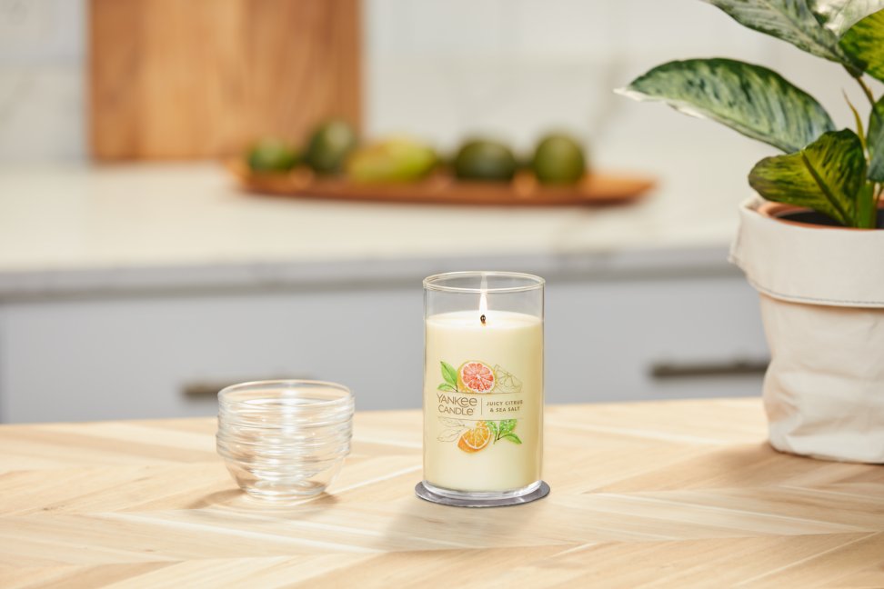 lit juicy citrus and sea salt signature medium pillar candle on wooden counter next to a potted plant