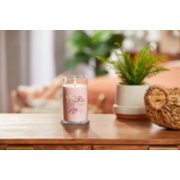 lit pink cherry and vanilla signature medium pillar candle on wooden table next to a potted plant and basket image number 3