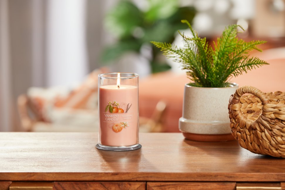 lit tangerine and vanilla signature medium pillar candle on wooden table next to a potted plant and basket