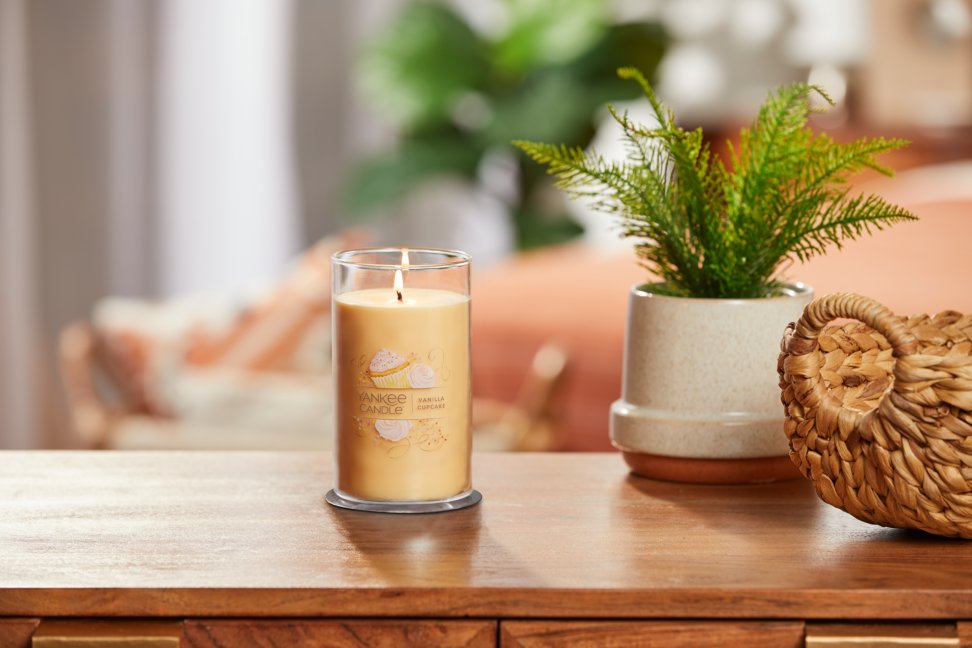lit vanilla cupcake signature medium pillar candle on wooden table next to a potted plant and basket