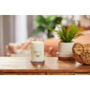 lit clean cotton signature medium pillar candle on wooden table next to a potted plant and basket image number 3