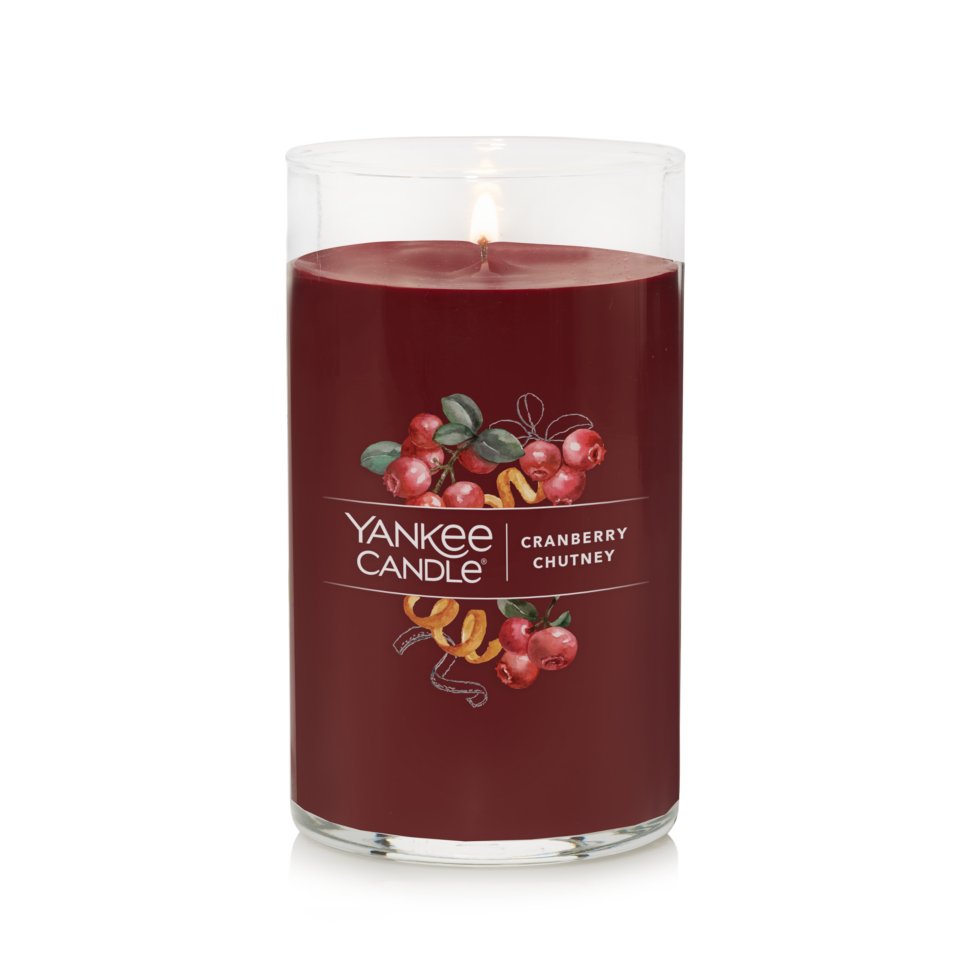 lit cranberry chutney signature medium pillar candle