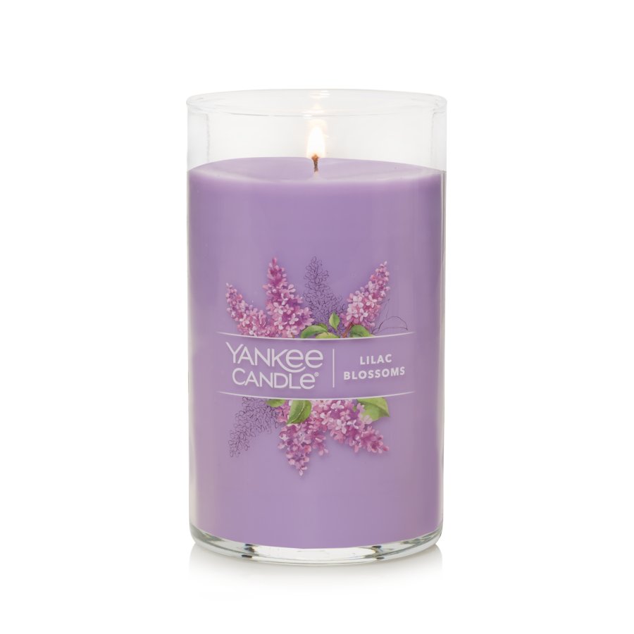 lit lilac blossoms signature medium pillar candle