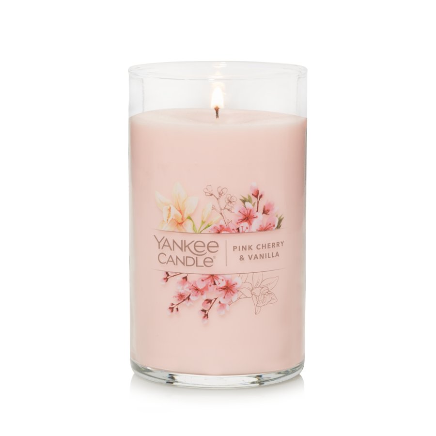 lit pink cherry and vanilla signature medium pillar candle