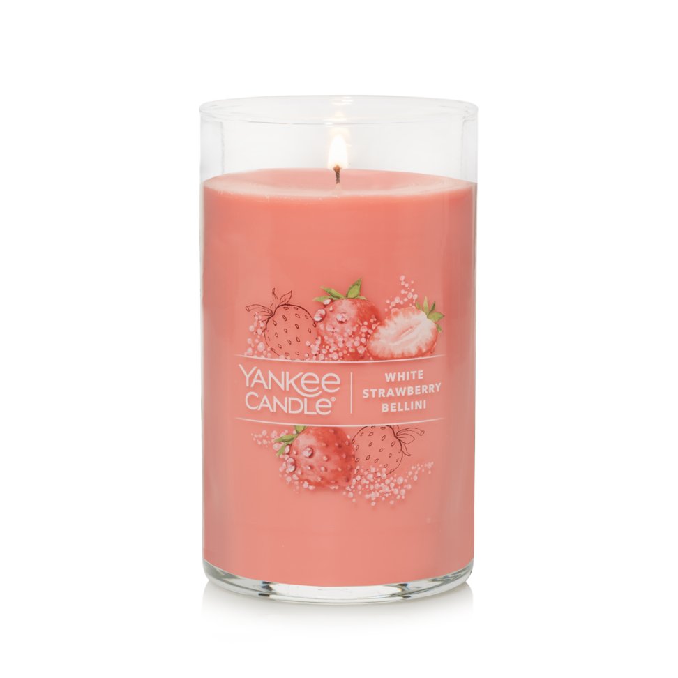 lit white strawberry bellini signature medium pillar candle