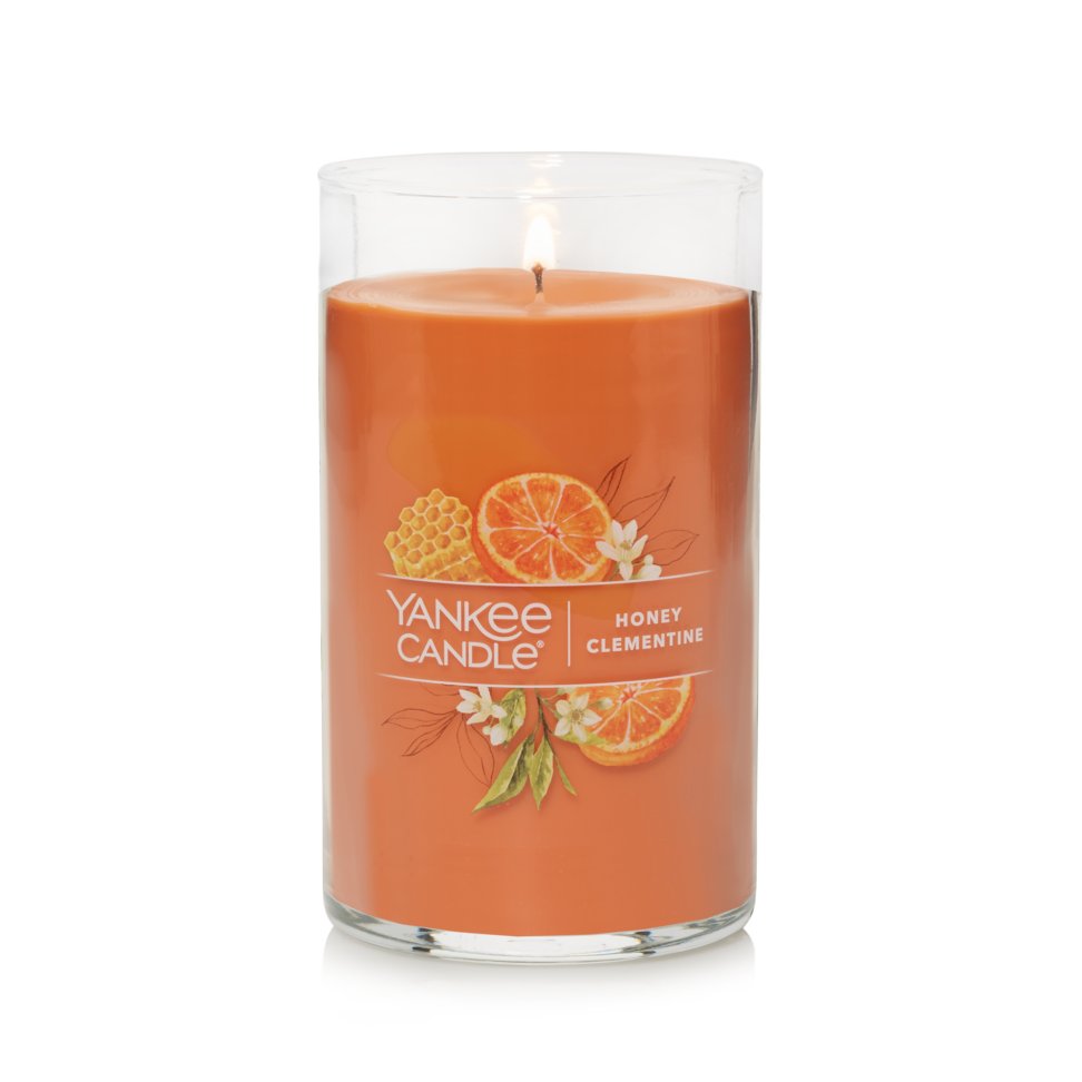 lit honey clementine signature medium pillar candle