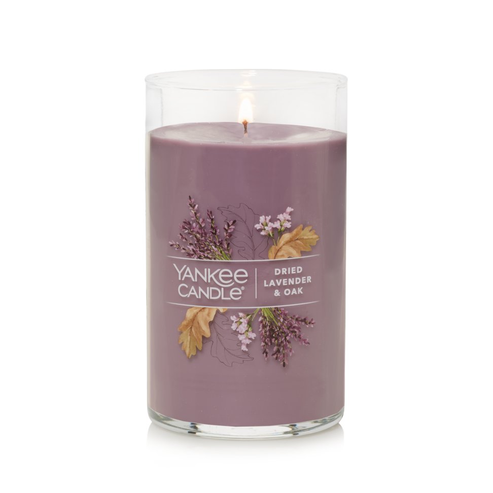 lit dried lavender and oak signature medium pillar candle