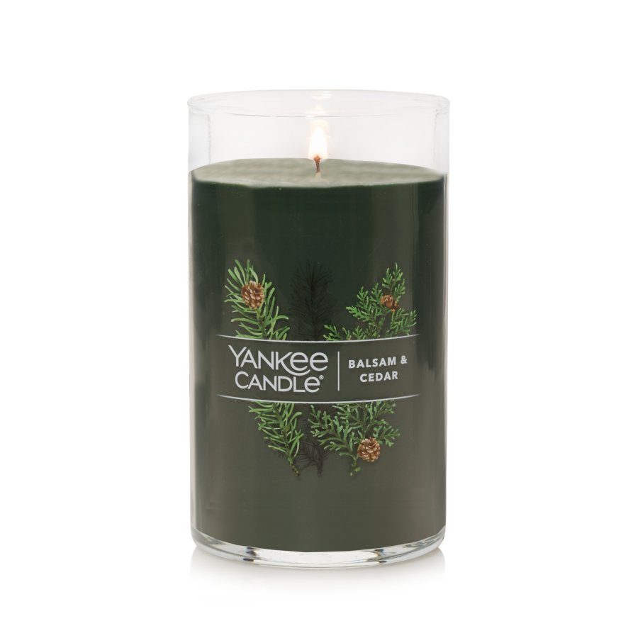 lit balsam and cedar signature medium pillar candle
