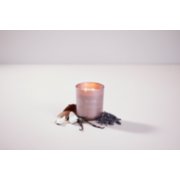 chesapeake bay candle intentions collection be calm coconut santal medium two wick jar candle surrounded by coconut pieces in a pastel purple backdrop image number 6
