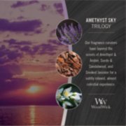 photo collage for woodwick amethyst sky trilogy fragrance with text that reads, our fragrance curators have layered the scents of amethyst and amber, suede and sandalwood, and smoked jasmine for a subtly relaxed, almost celestial experience image number 2